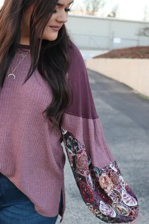 Paislee Waffle Knit Floral Print Bubble Sleeve Top - Curvy