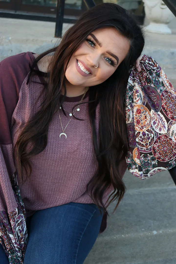 Paislee Waffle Knit Floral Print Bubble Sleeve Top - Curvy