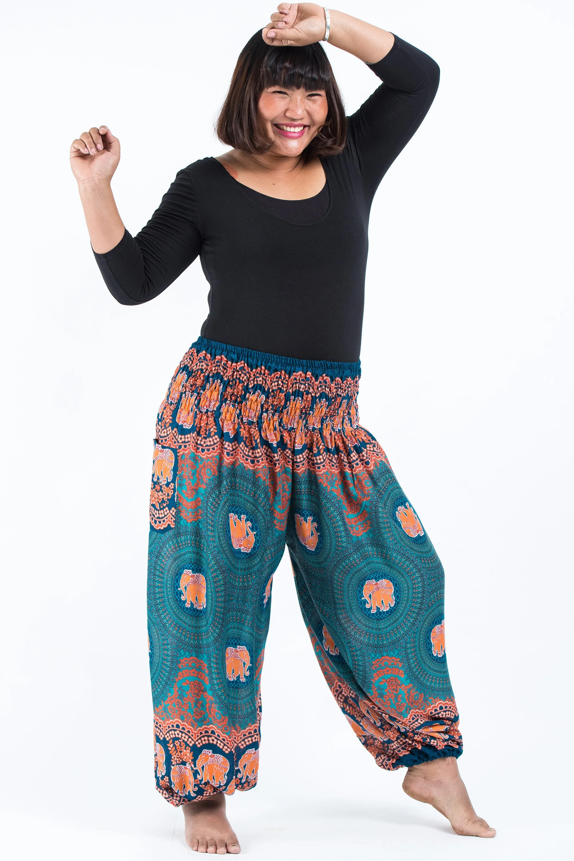 Plus Size Mandala Elephant Women's Elephant Pants in Turquoise