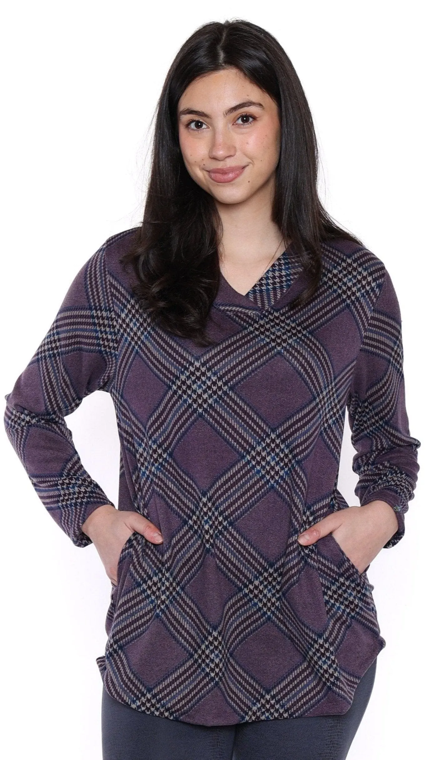 Purple Plaid overlapped V-Neck Cozy Top