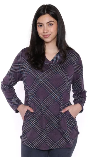 Purple Plaid overlapped V-Neck Cozy Top