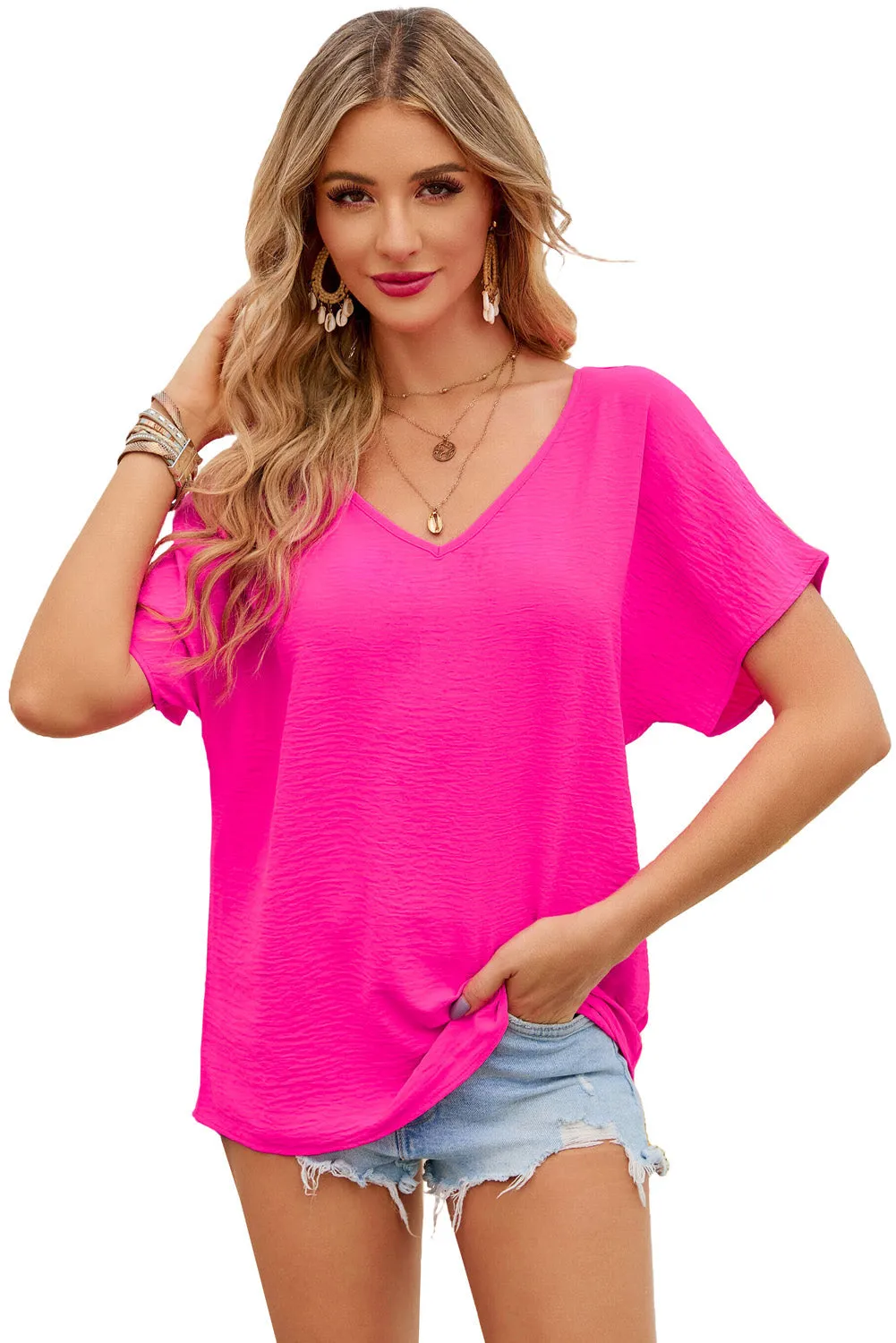 Rose Solid V Neck Blouse