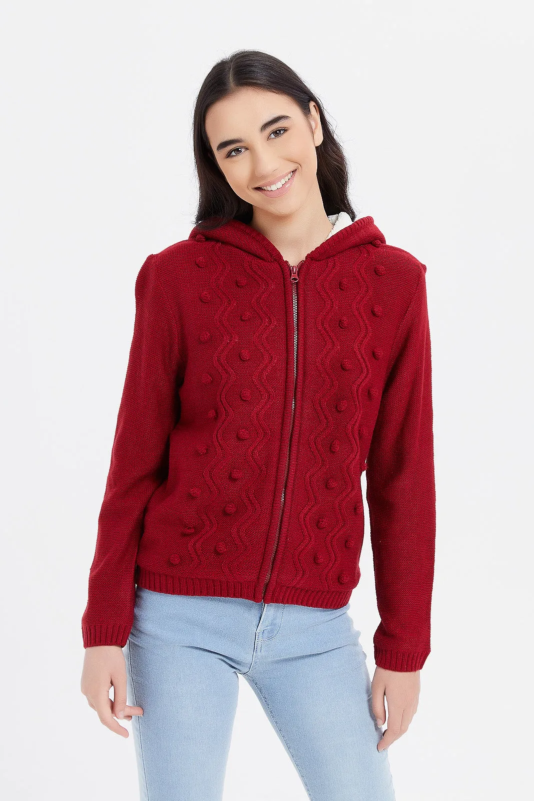 Senior Girls Red Zip Through Hooded With Sherpa Linning