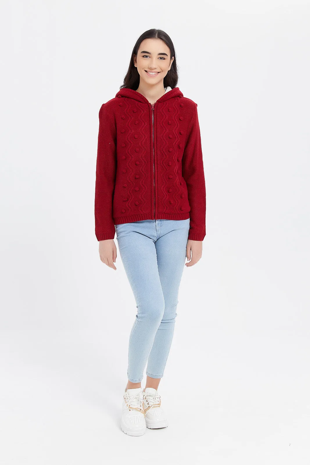 Senior Girls Red Zip Through Hooded With Sherpa Linning