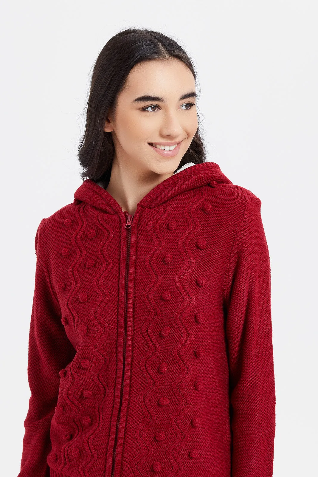 Senior Girls Red Zip Through Hooded With Sherpa Linning