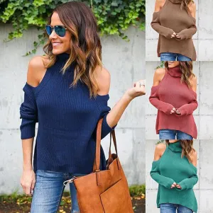 Sexy Bare Shoulder High Neck Long Sleeve Pure Color Sweater