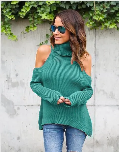 Sexy Bare Shoulder High Neck Long Sleeve Pure Color Sweater