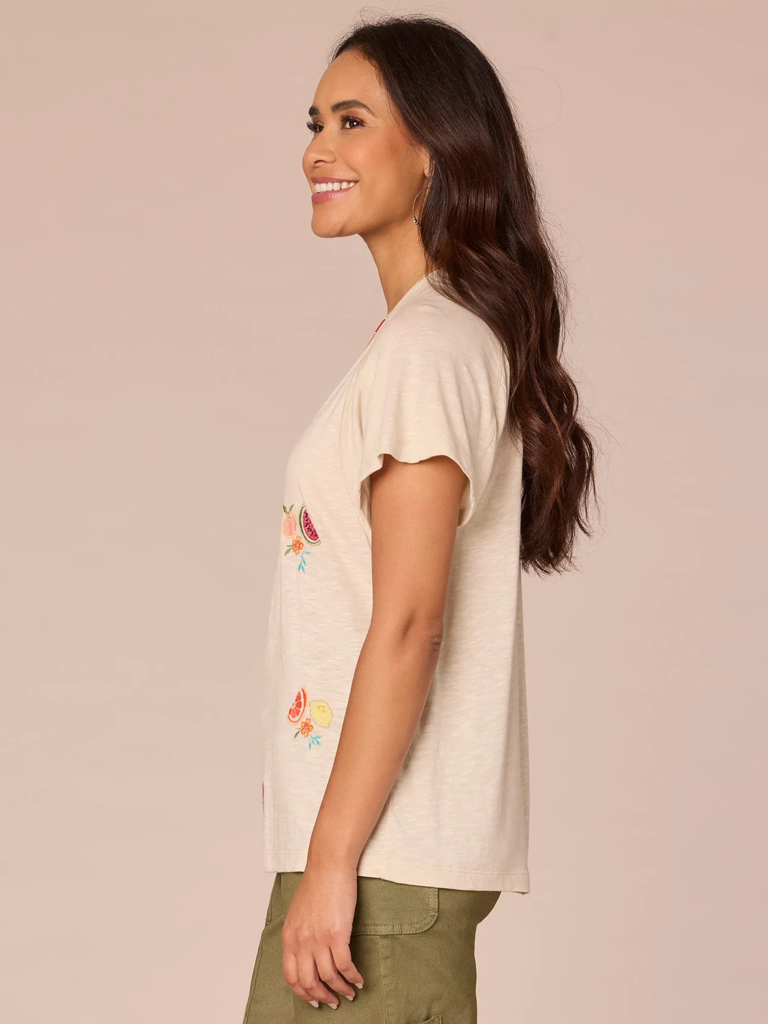 Short Sleeve Scoop Neck Embroidered Fruit Knit Boyfriend Tee