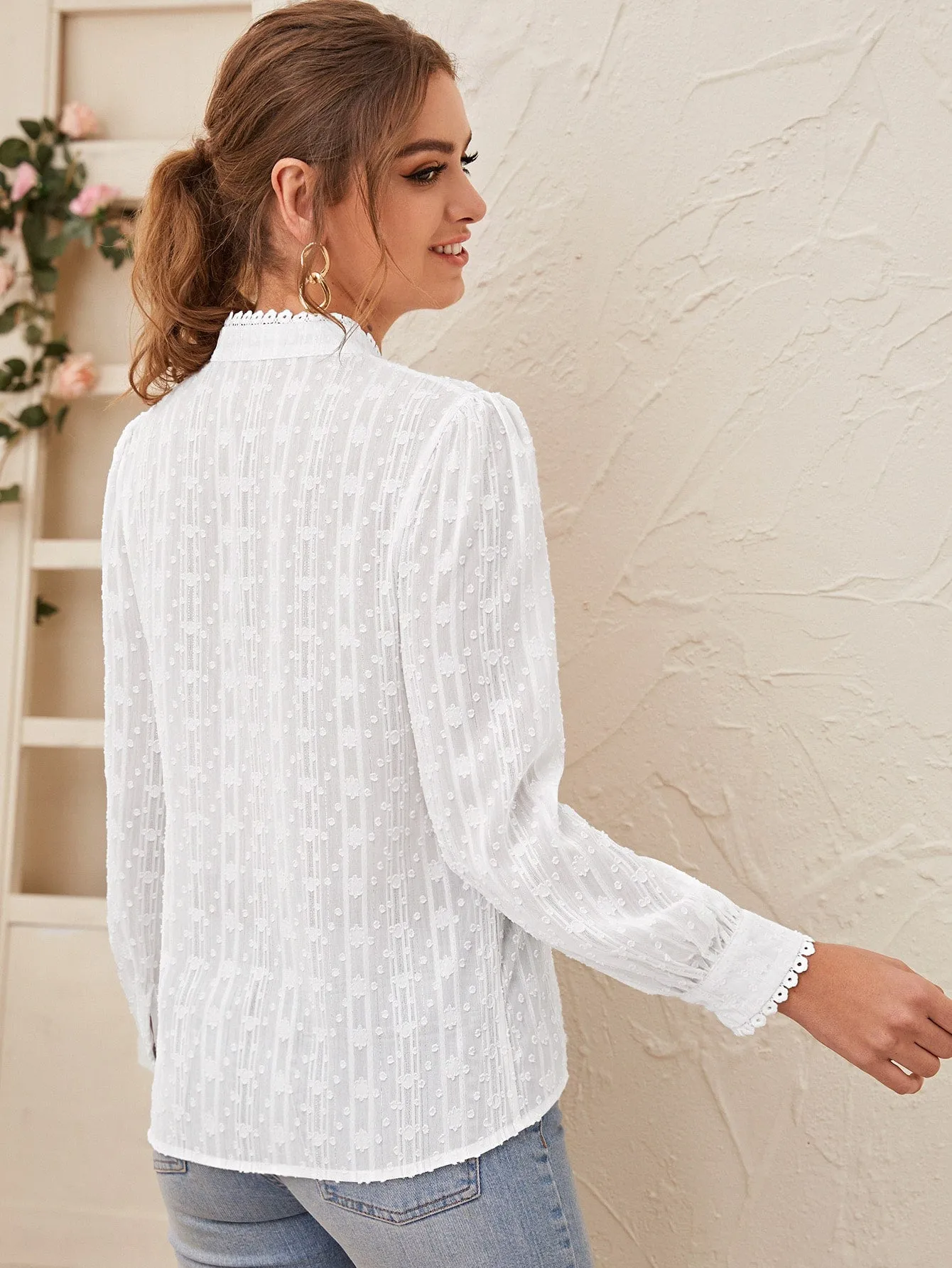 Solid Stand Collar Button Through Mesh Blouse