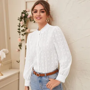 Solid Stand Collar Button Through Mesh Blouse