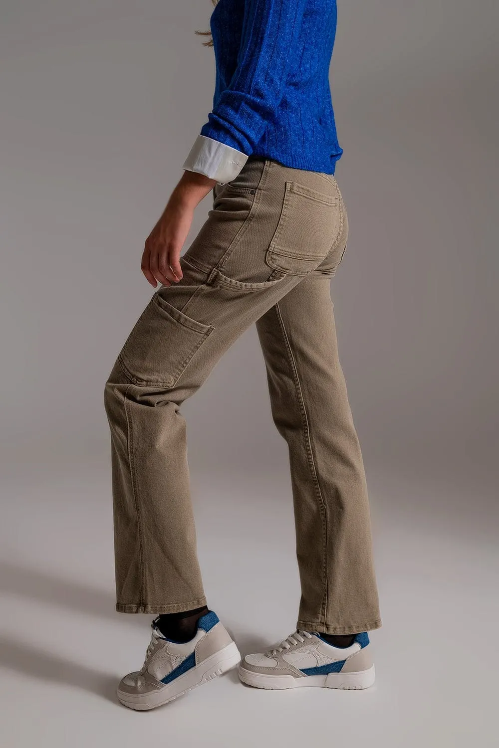 Straight Leg Cargo Pants In Brown Beige