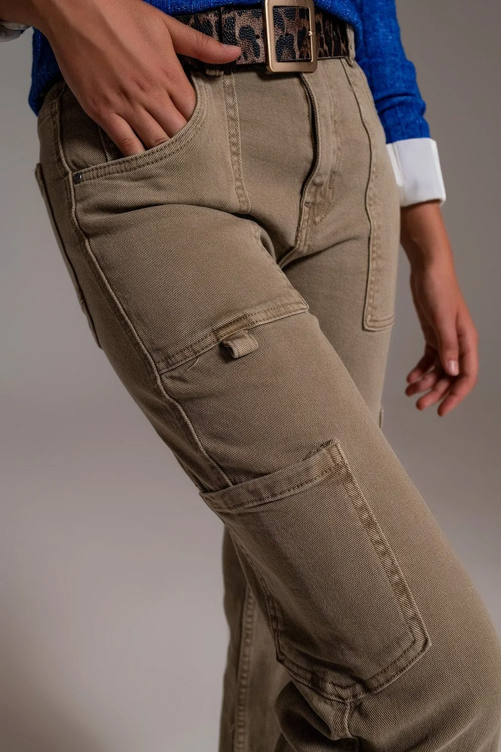 Straight Leg Cargo Pants In Brown Beige
