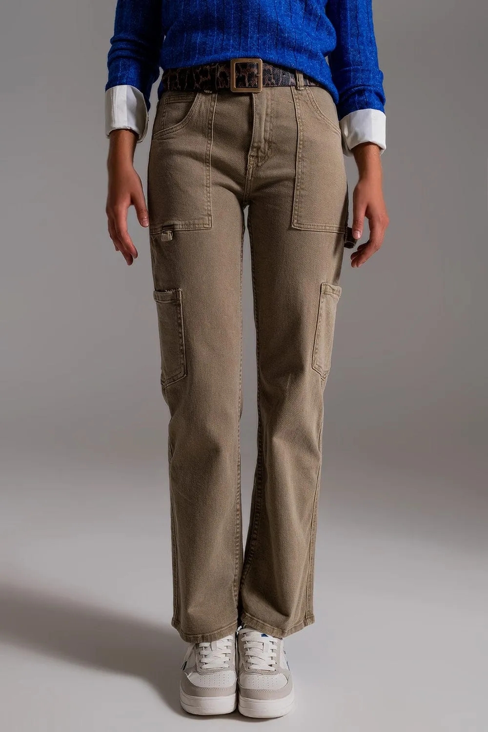 Straight Leg Cargo Pants In Brown Beige