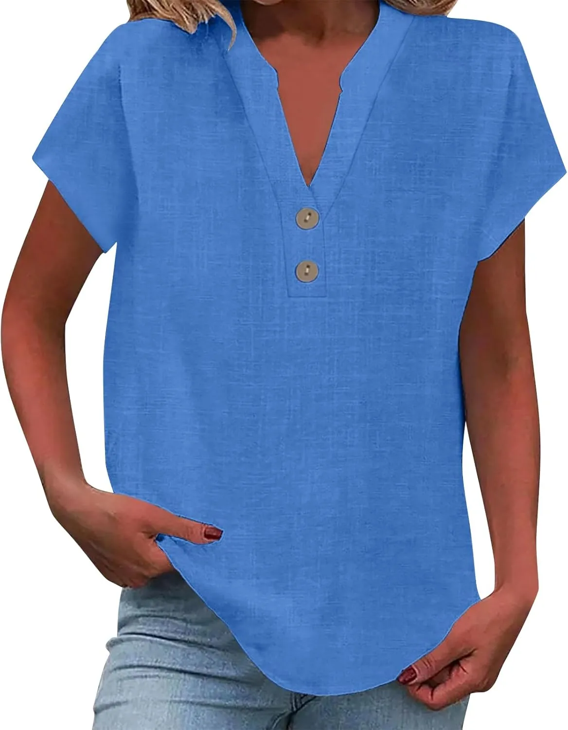 Summer Tops for Women 2025 Trendy Short Sleeve Cotton Linen Shirt Spring Fashion Casual Button V Neck Tunic Blouses