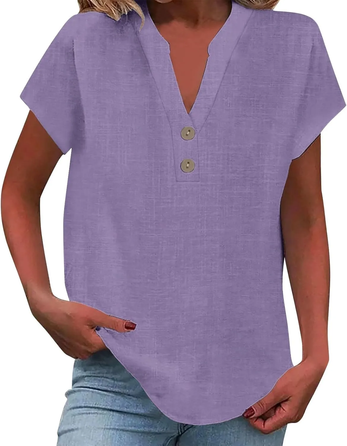 Summer Tops for Women 2025 Trendy Short Sleeve Cotton Linen Shirt Spring Fashion Casual Button V Neck Tunic Blouses