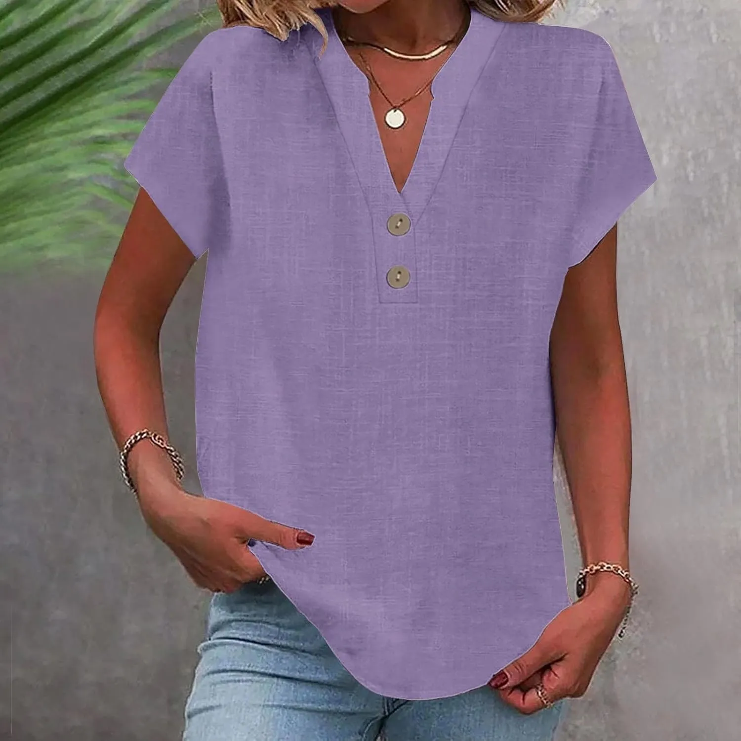 Summer Tops for Women 2025 Trendy Short Sleeve Cotton Linen Shirt Spring Fashion Casual Button V Neck Tunic Blouses