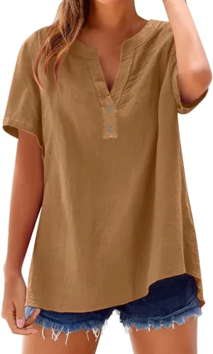 Summer Tops for Women 2025 Trendy Short Sleeve Cotton Linen Shirt Spring Fashion Casual Button V Neck Tunic Blouses