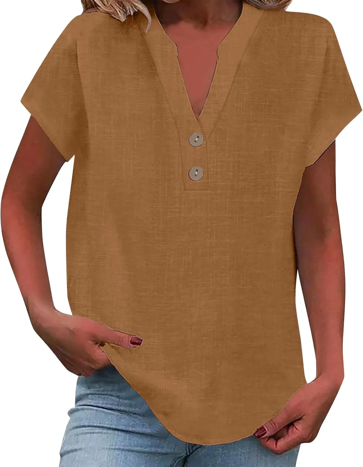 Summer Tops for Women 2025 Trendy Short Sleeve Cotton Linen Shirt Spring Fashion Casual Button V Neck Tunic Blouses