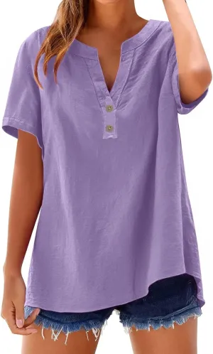 Summer Tops for Women 2025 Trendy Short Sleeve Cotton Linen Shirt Spring Fashion Casual Button V Neck Tunic Blouses
