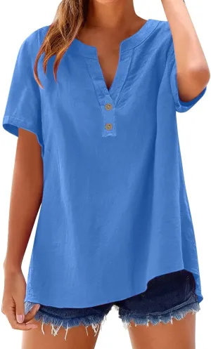 Summer Tops for Women 2025 Trendy Short Sleeve Cotton Linen Shirt Spring Fashion Casual Button V Neck Tunic Blouses