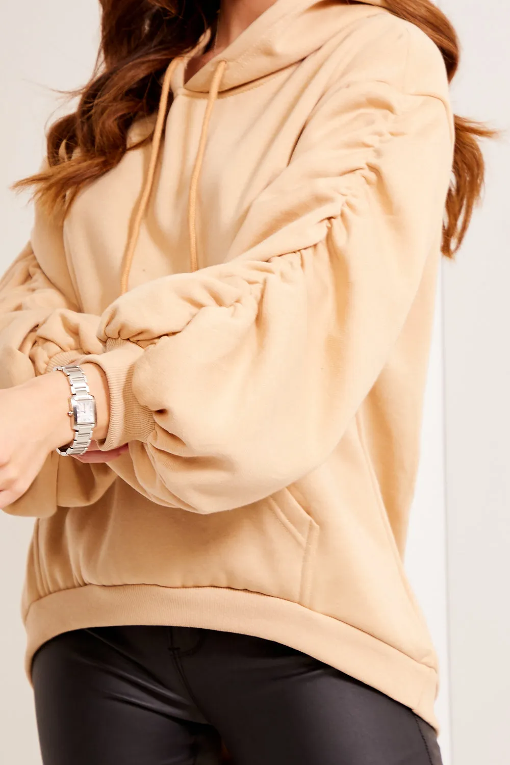 Tess Camel Drop Shoulder Dip Hem Ruched Sleeve Hoodie