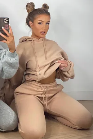 Tess Camel Drop Shoulder Dip Hem Ruched Sleeve Hoodie