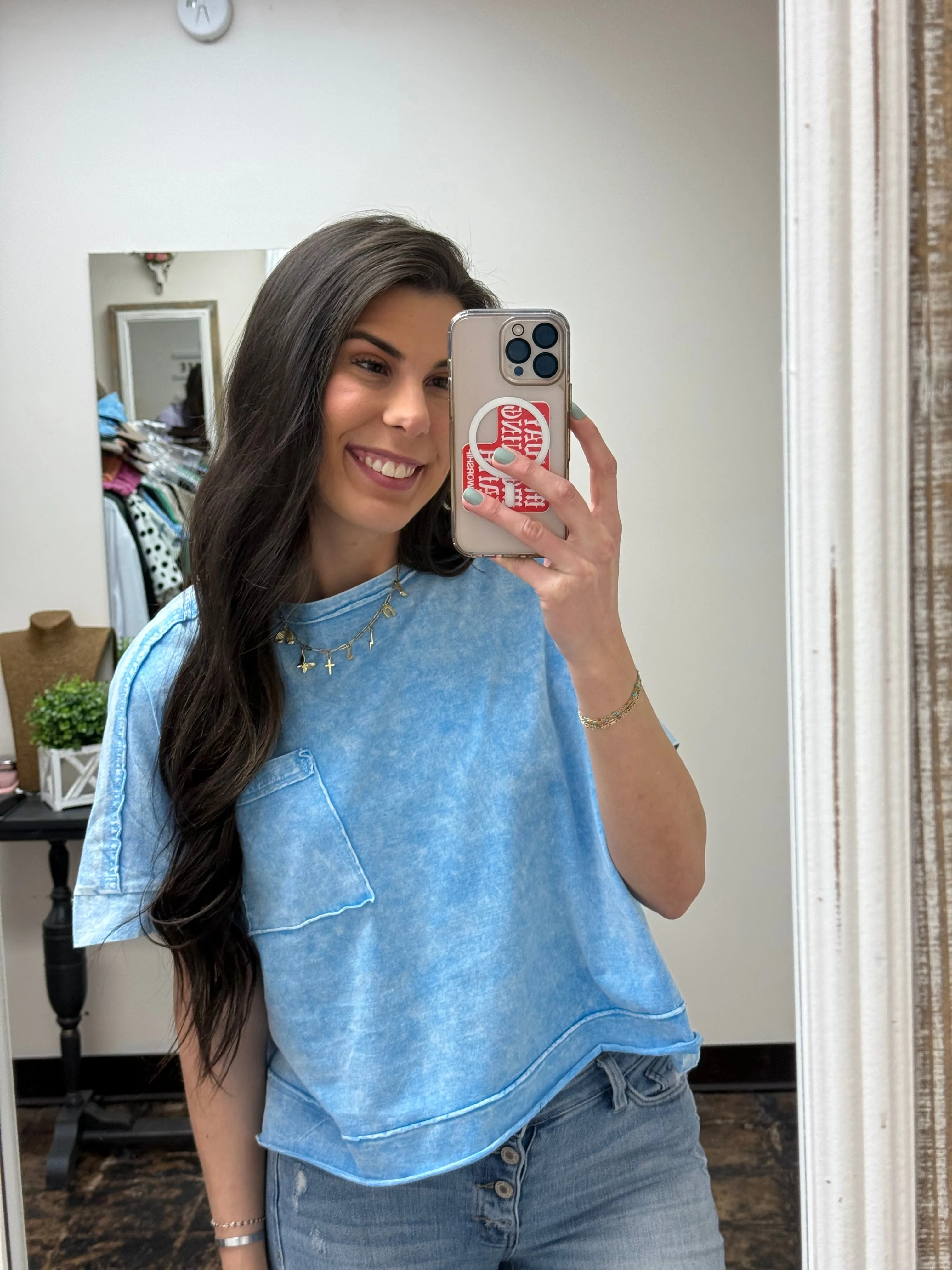 The Macyn Acid Wash Cropped Tee - Sky Blue