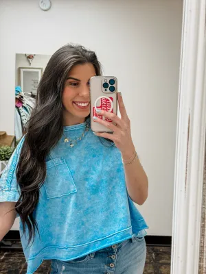 The Macyn Acid Wash Cropped Tee - Sky Blue
