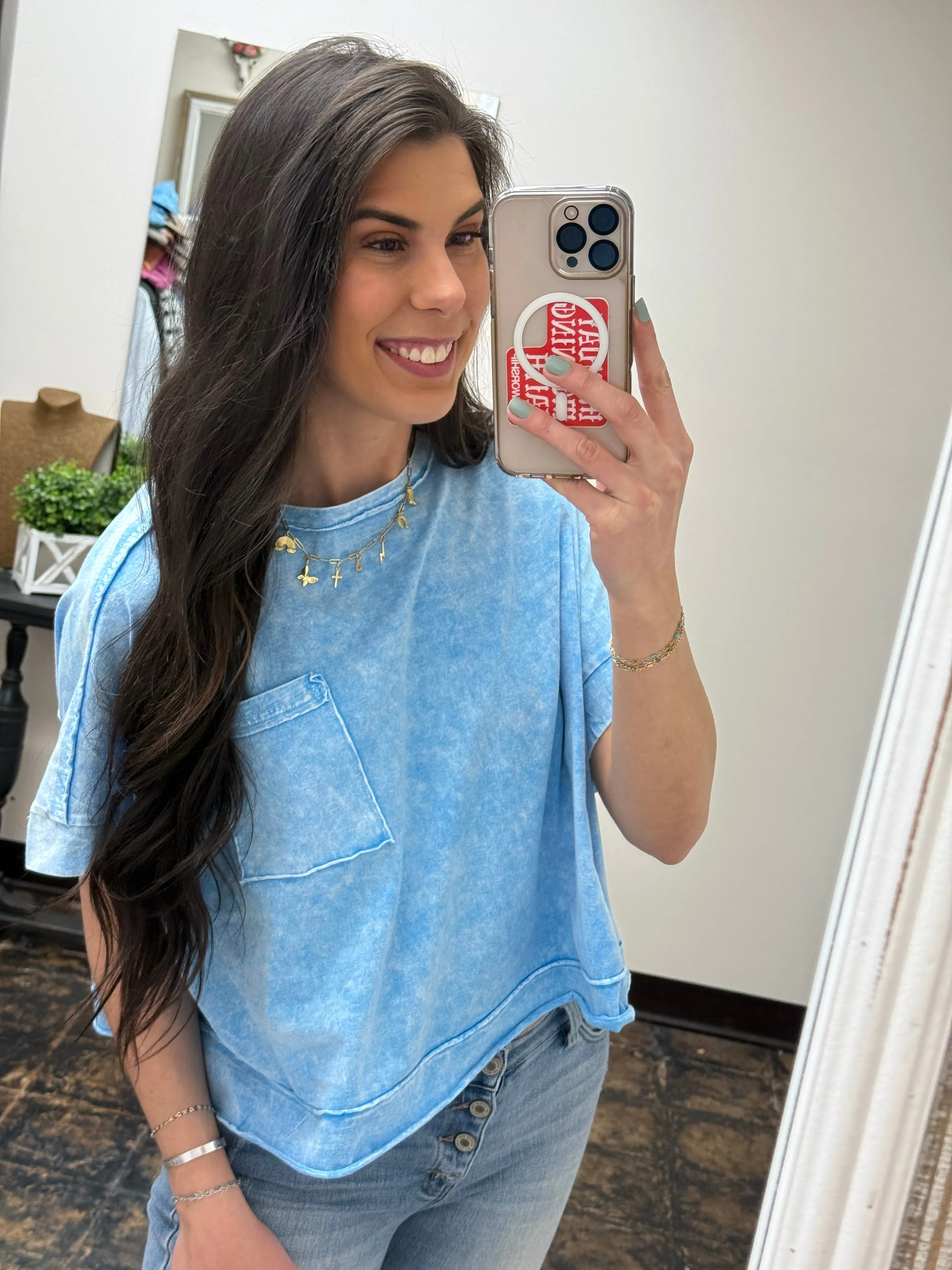 The Macyn Acid Wash Cropped Tee - Sky Blue