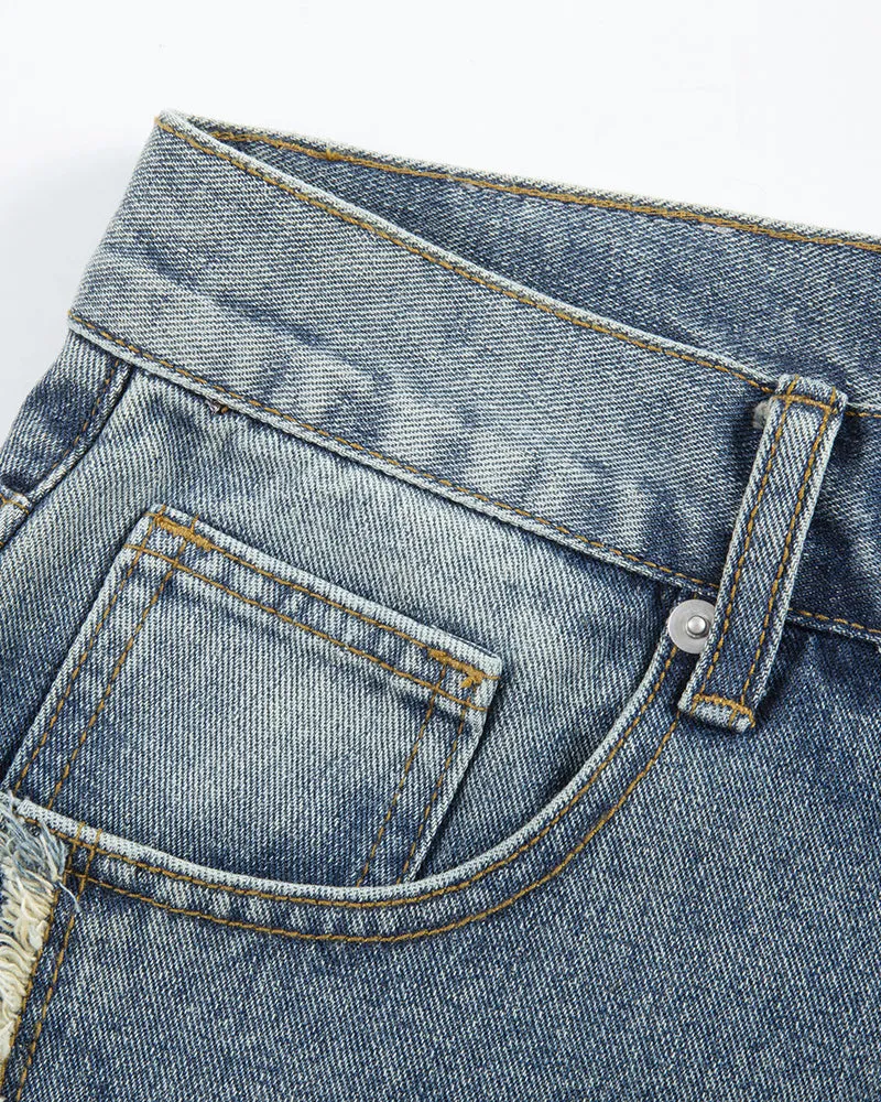 Trendy Patchwork Fringe Denim Shorts