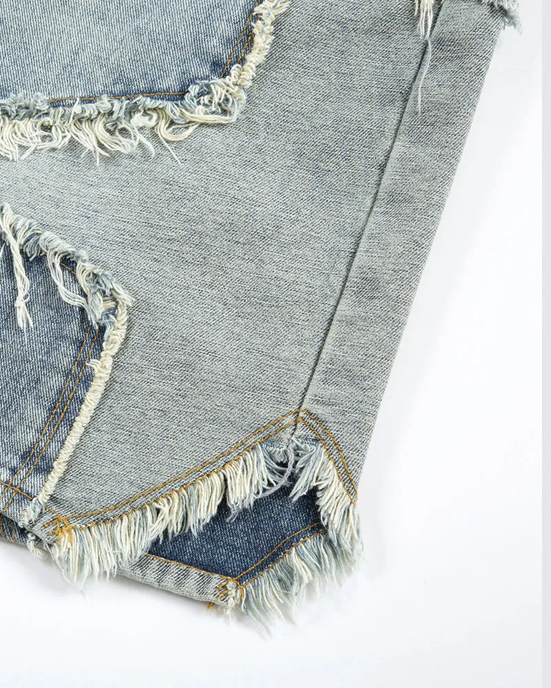 Trendy Patchwork Fringe Denim Shorts