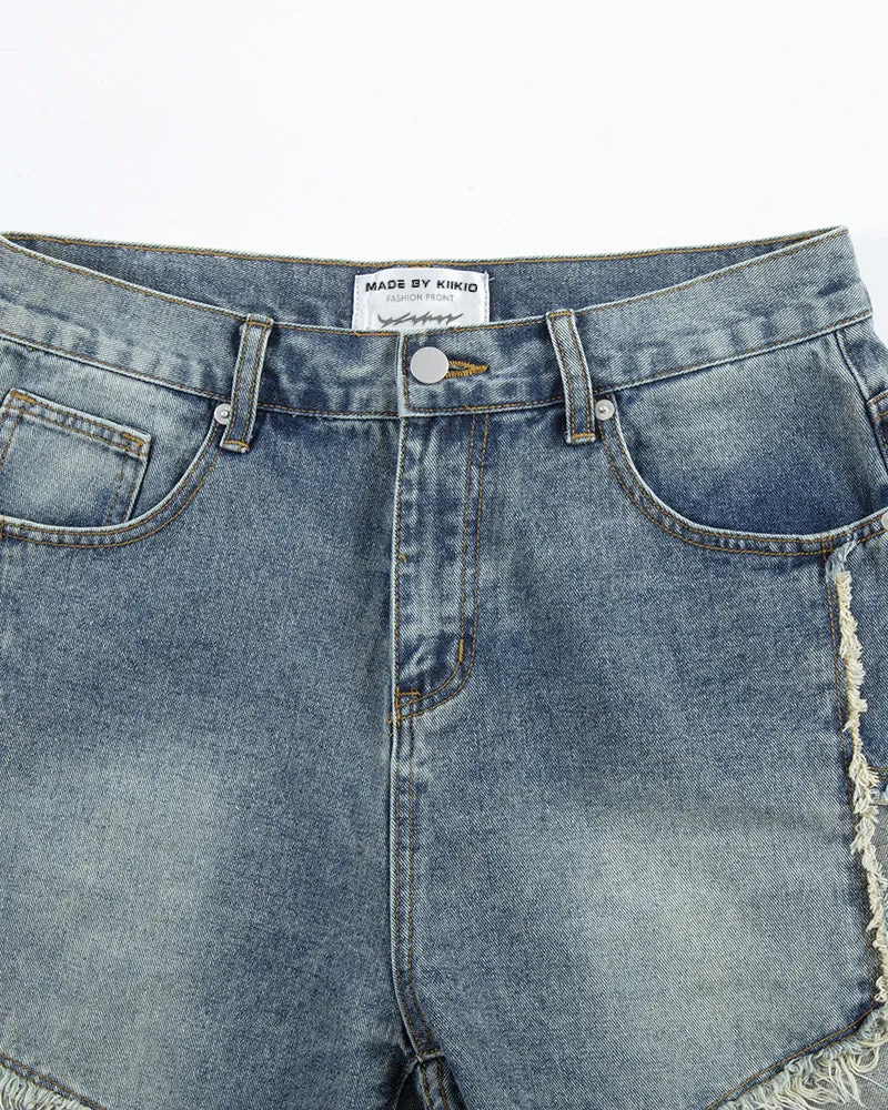 Trendy Patchwork Fringe Denim Shorts
