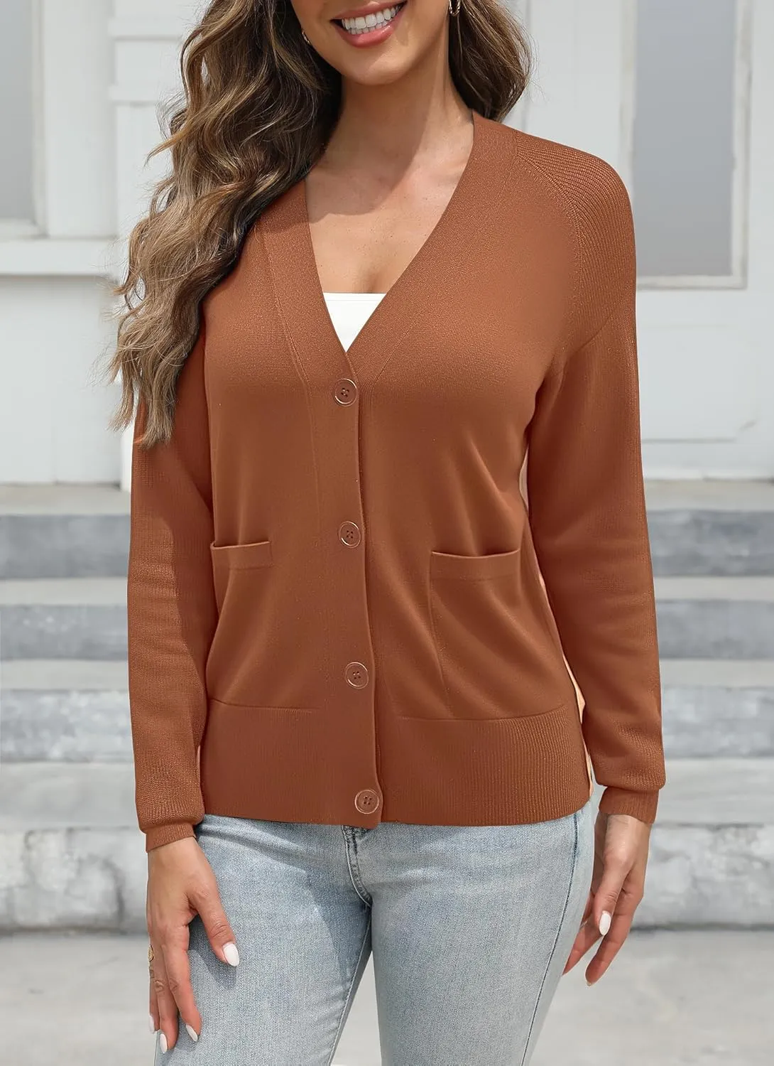 Urban CoCo Women's Long Sleeve Cropped Cardigan Sweater Button Down V Neck Knit Sweaters with Pockets