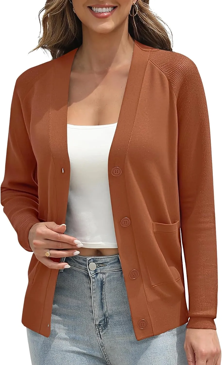 Urban CoCo Women's Long Sleeve Cropped Cardigan Sweater Button Down V Neck Knit Sweaters with Pockets