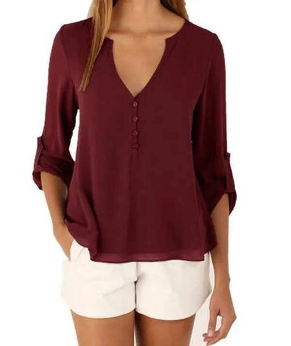 V-neck Long Sleeves Loose Plus Size Chiffon Blouse