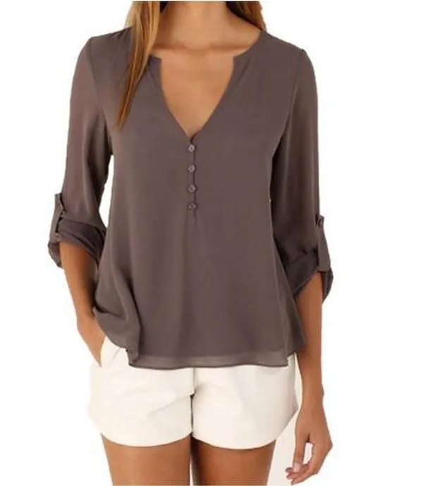 V-neck Long Sleeves Loose Plus Size Chiffon Blouse