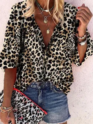 Vintage Elegant Loose V Neck Leopard Shirt