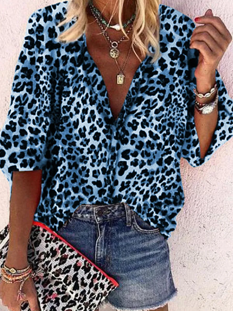 Vintage Elegant Loose V Neck Leopard Shirt