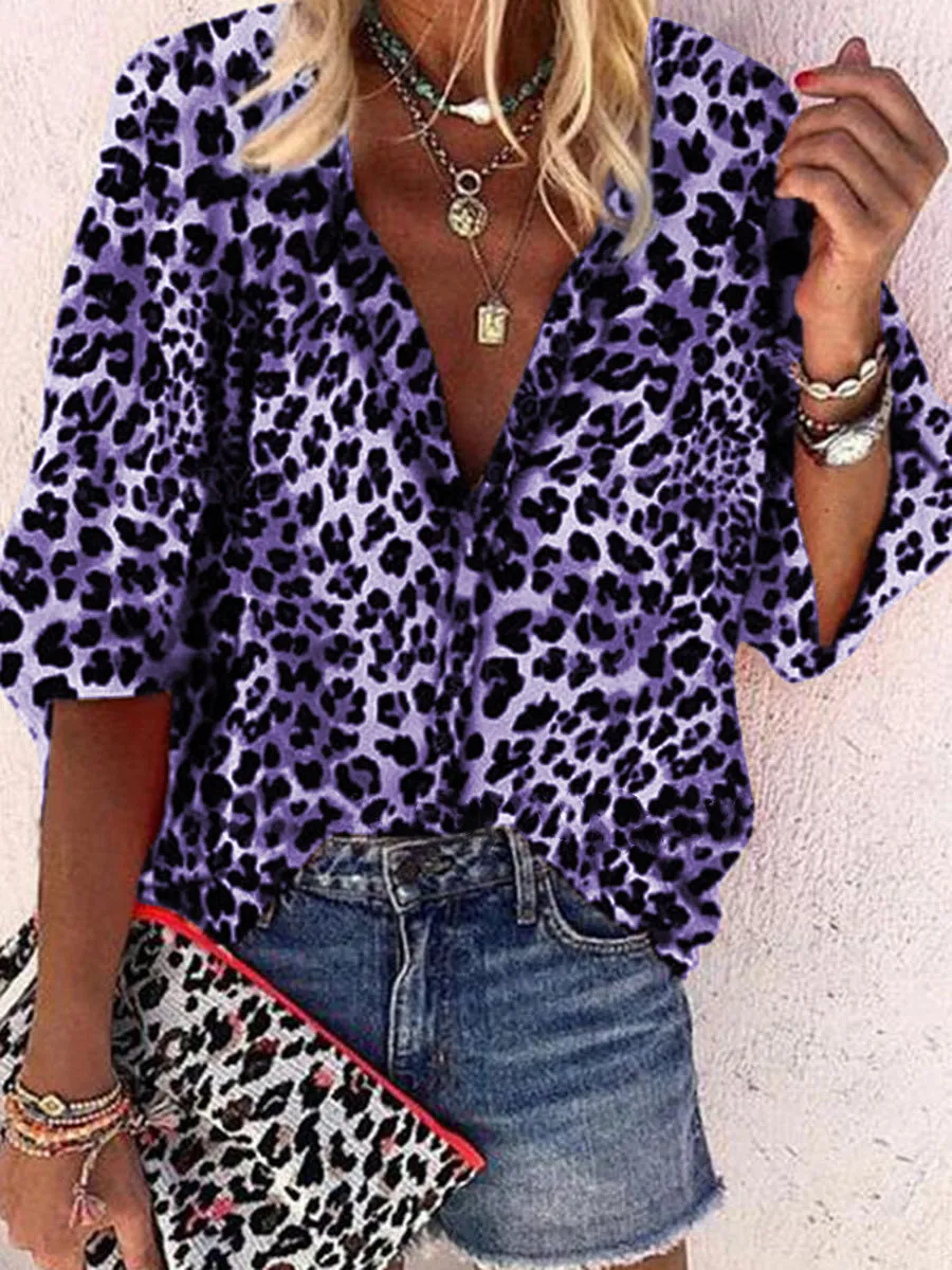 Vintage Elegant Loose V Neck Leopard Shirt