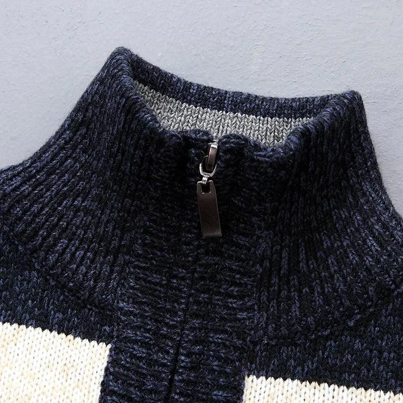 Winter Striped Turtleneck Sweater – Thick Knit Zipper Pullover