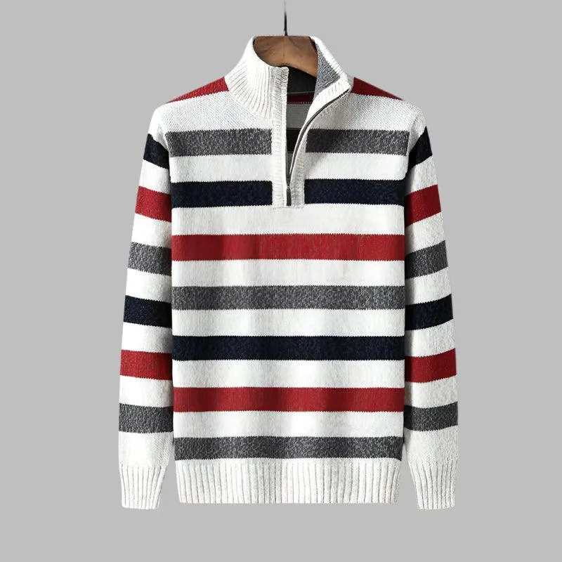 Winter Striped Turtleneck Sweater – Thick Knit Zipper Pullover