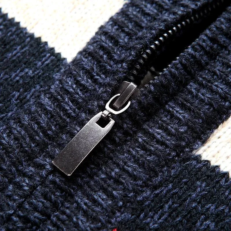 Winter Striped Turtleneck Sweater – Thick Knit Zipper Pullover