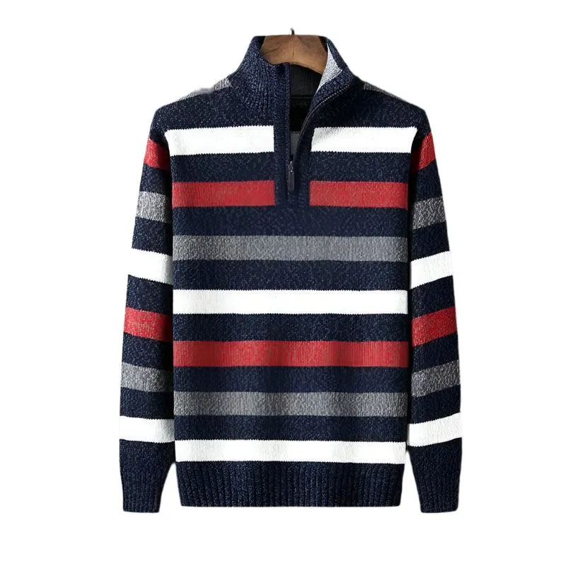 Winter Striped Turtleneck Sweater – Thick Knit Zipper Pullover