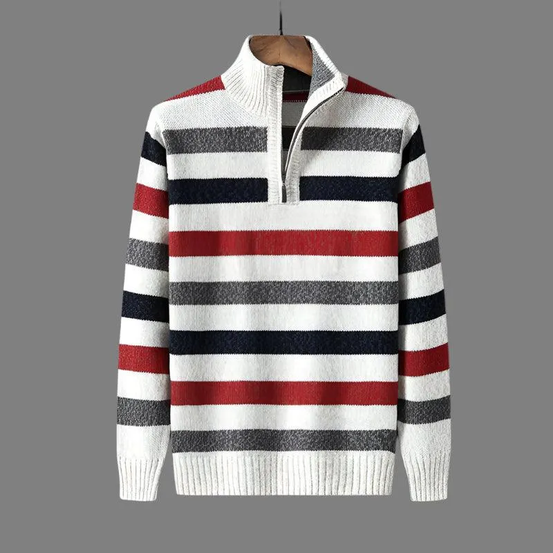 Winter Striped Turtleneck Sweater – Thick Knit Zipper Pullover