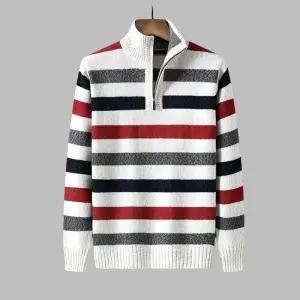 Winter Striped Turtleneck Sweater – Thick Knit Zipper Pullover
