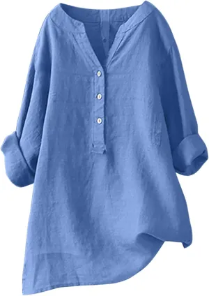 Women Buttons Cotton Linen Short Sleeve T Shirt Summer Henley Casual Plus Size Tunic Tops V-Neck Loose Tshirts