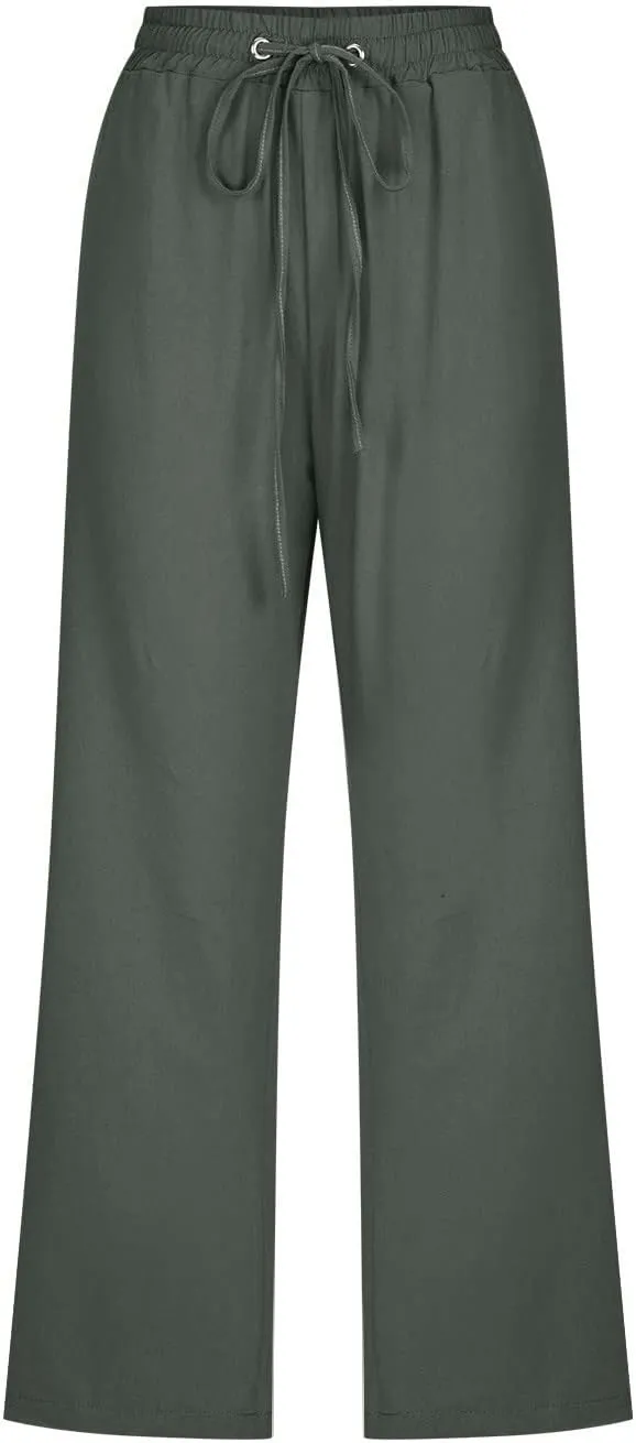 Women Capris Summer Cotton Linen Pants Casual Loose Lightweight Elastic Waisted Cropped Trouser Beach Pants