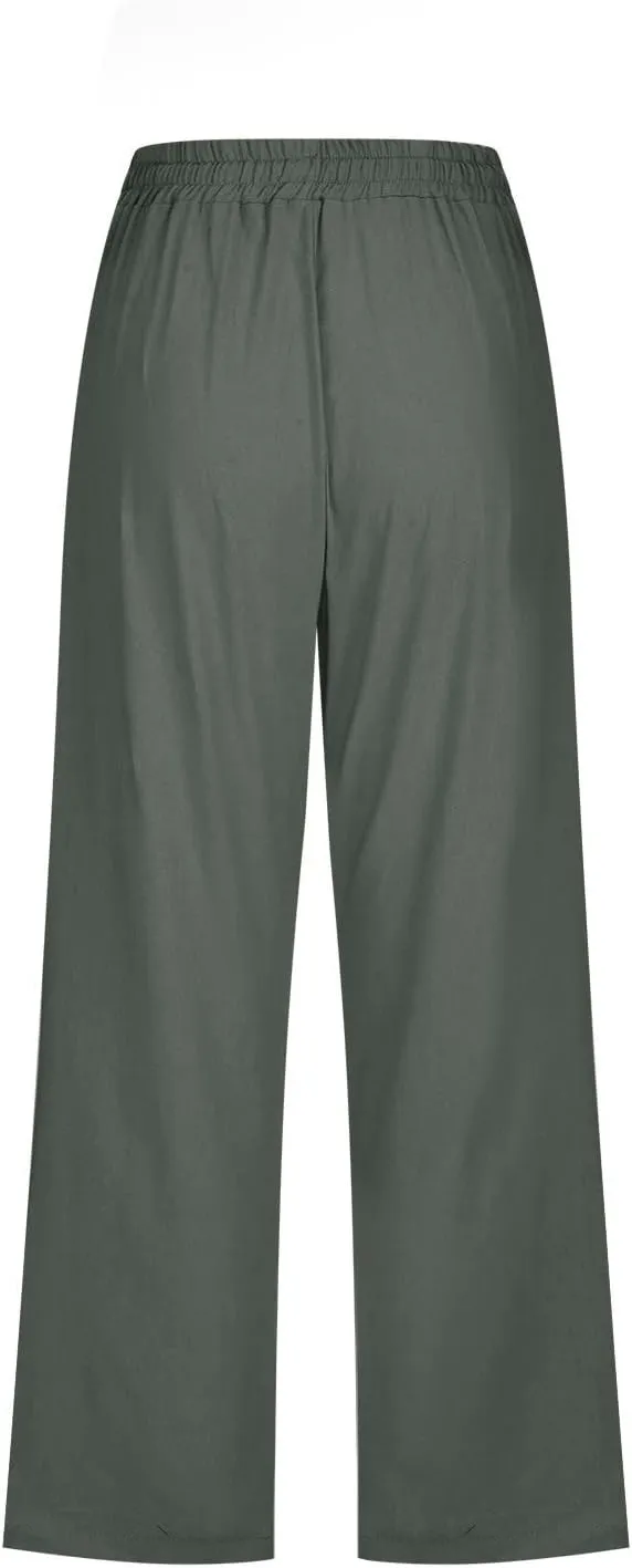 Women Capris Summer Cotton Linen Pants Casual Loose Lightweight Elastic Waisted Cropped Trouser Beach Pants