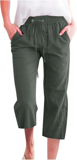 Women Capris Summer Cotton Linen Pants Casual Loose Lightweight Elastic Waisted Cropped Trouser Beach Pants