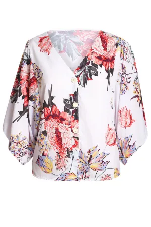 Women Floral Printed V-Neck Stylish Loose Button Closure Shirt - WSB82210